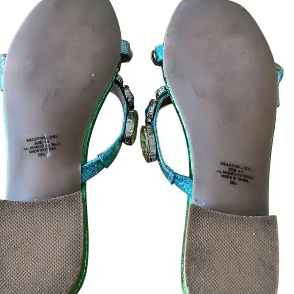 BETSEY JOHNSON WILLET BEJEWELED GREEN METALLIC SLIDES 6.5 - Picture 8 of 10